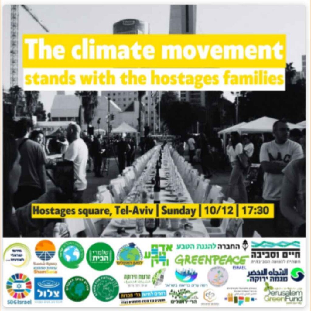 Advert for event on international human rights day, reading: The climate movement stands with the hostage families