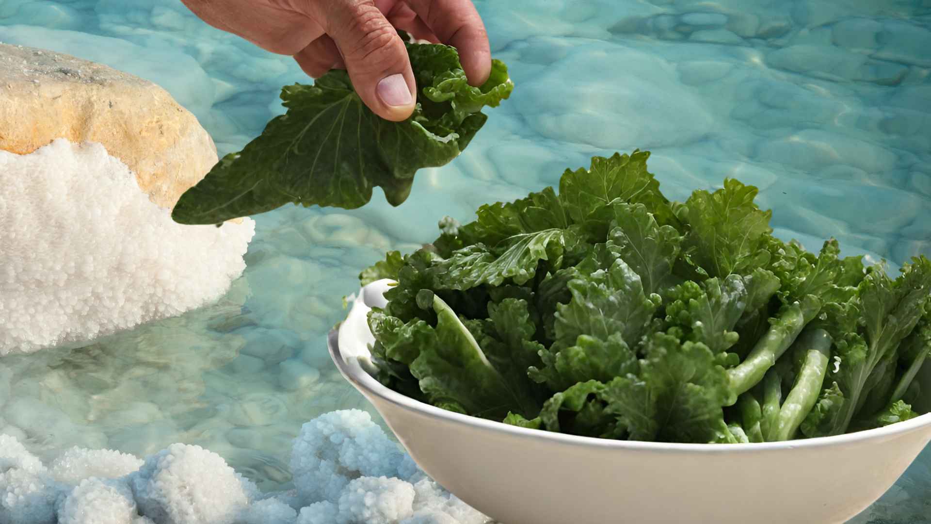 Preparing to dip a leafy green vegetable (karpas) into the Dead Sea