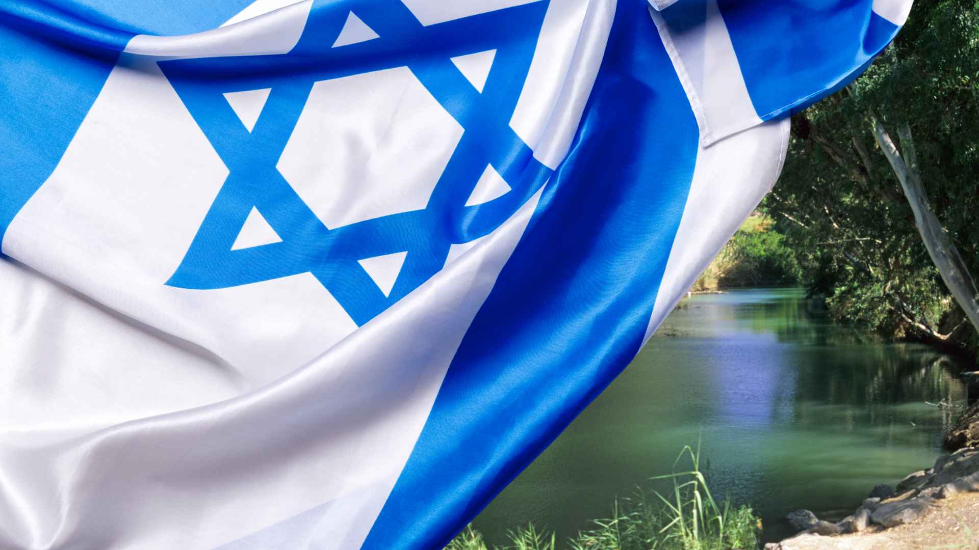 Israeli flag draped over an image of Israel's nature